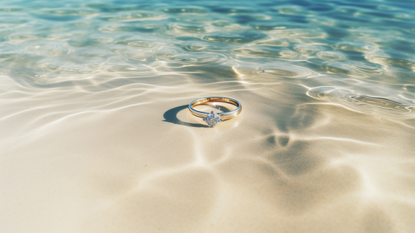 Golden ring on white sand and transparent water