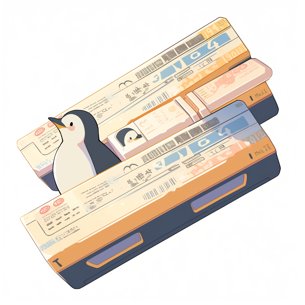 Golden train ticket pinguin white background