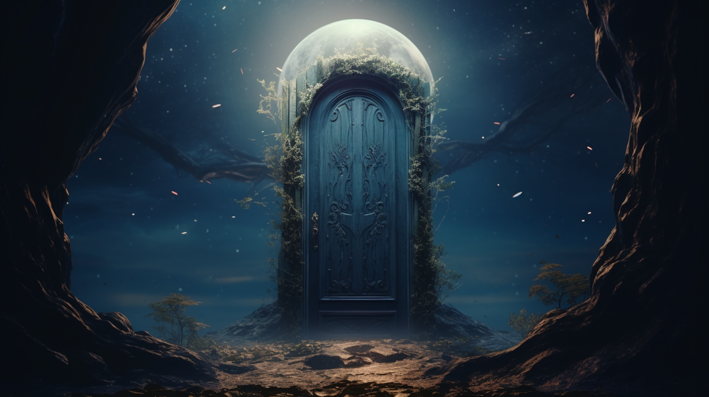 Golden wooden fairytale door in the universe