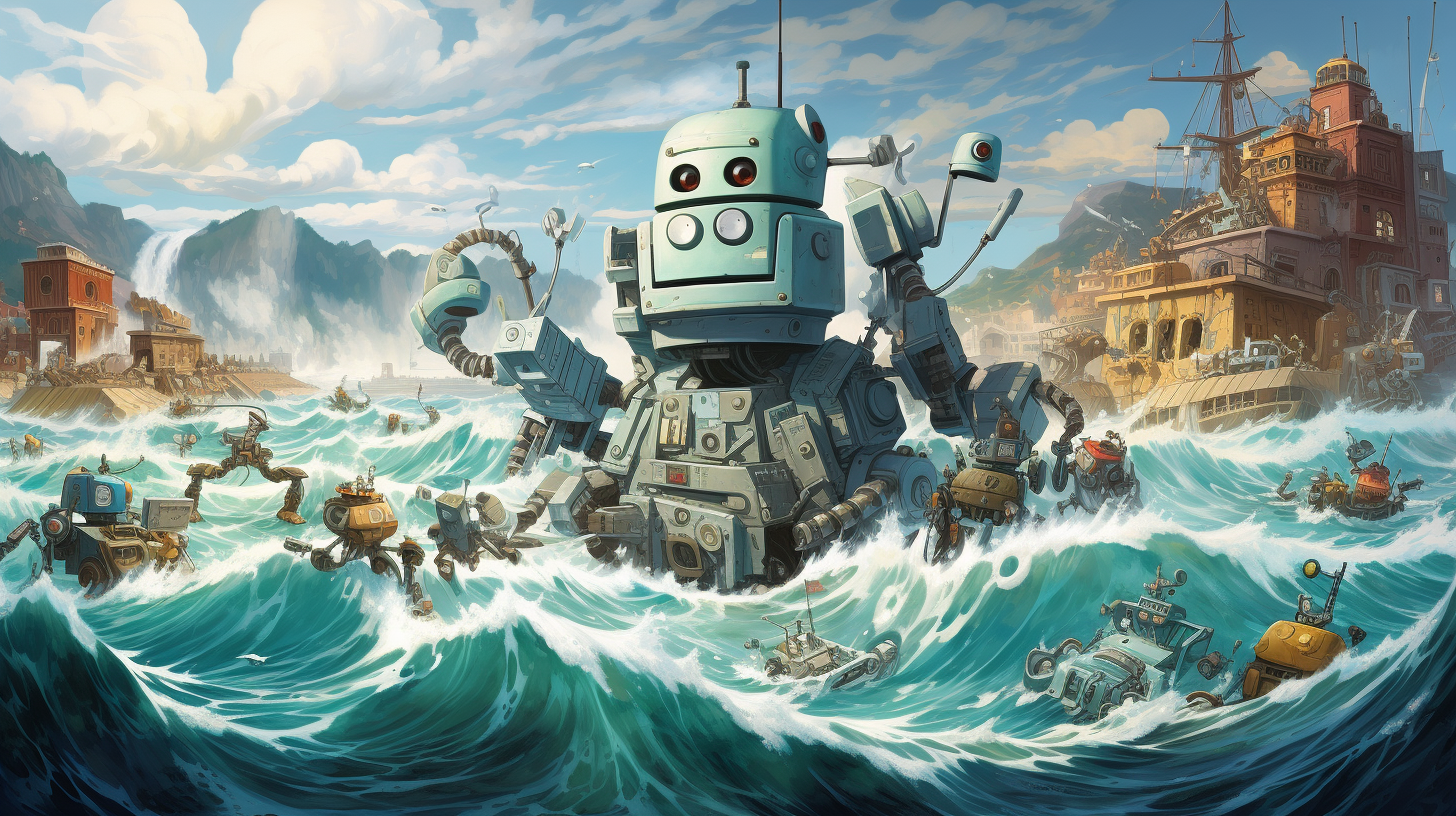 Humorous cartoon wave made of goofy robots