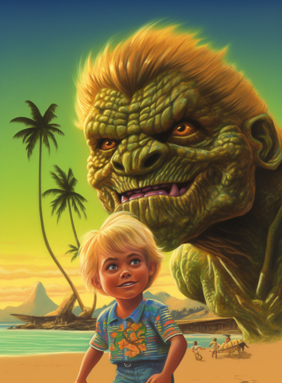 Young boy on tropical beach with kaiju monster