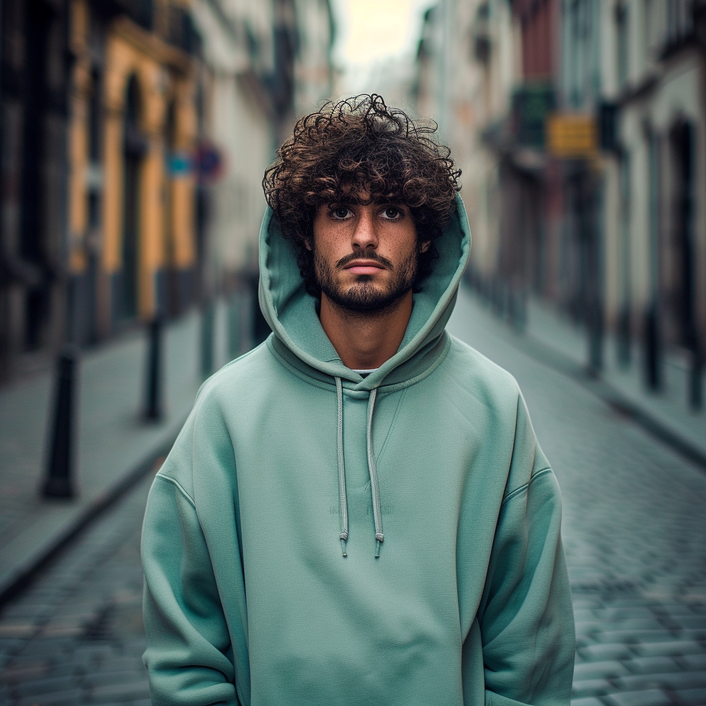 Gorgeous Man in Mint Sweat with Curly Hair