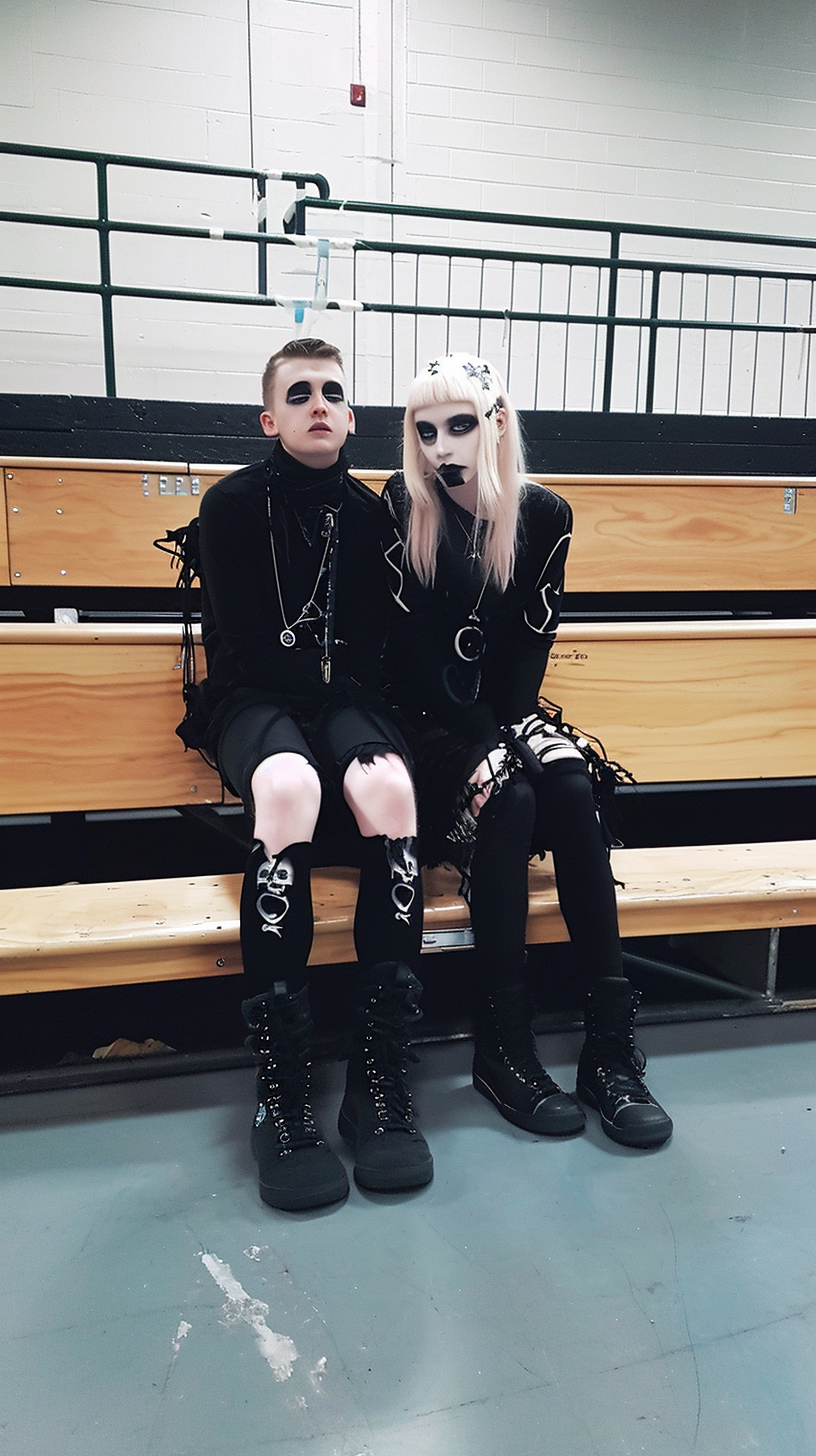 Stylish goth punk high school twins on bleachers in gym