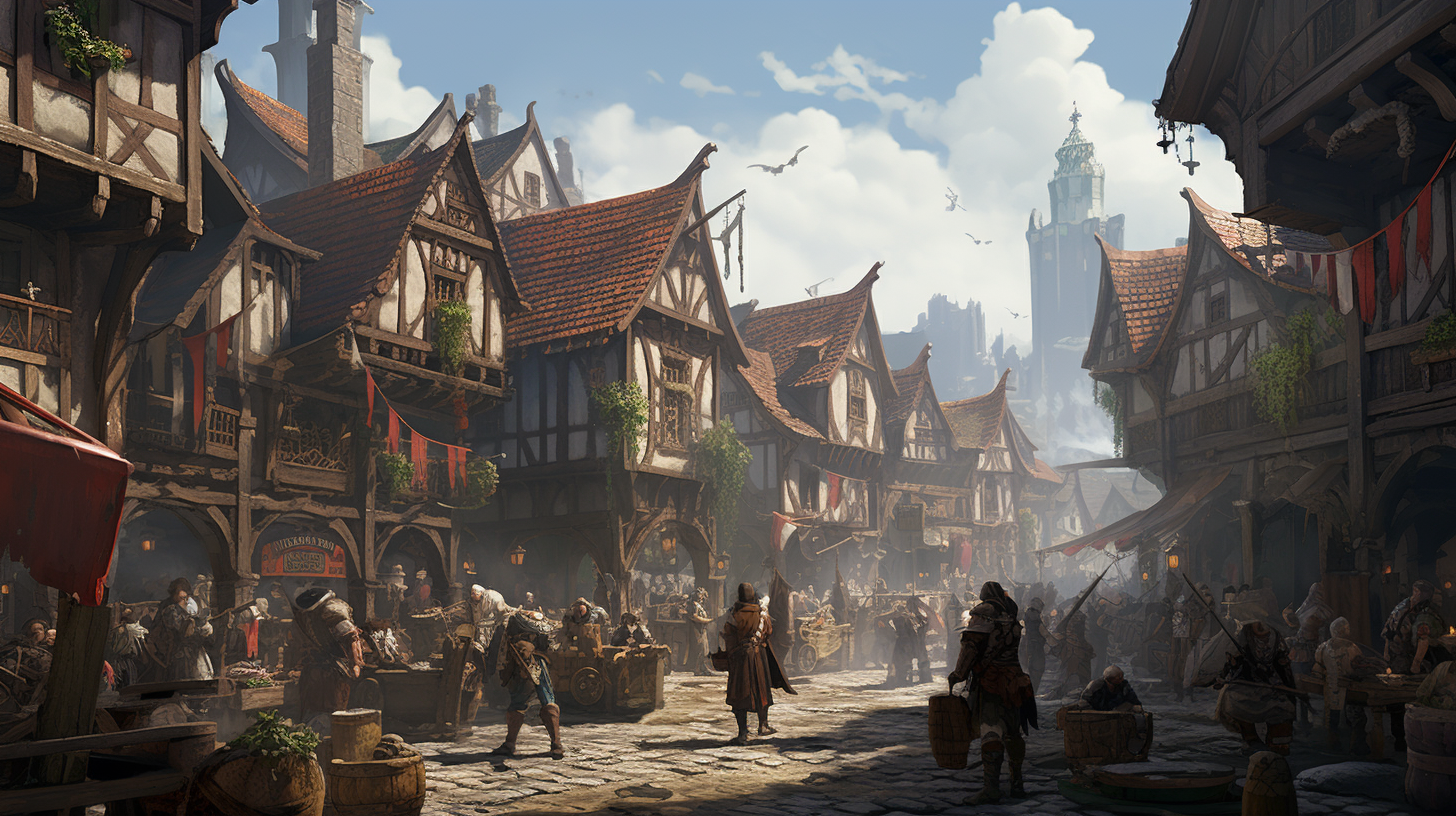 Gothic Market Scene with Townsfolk and Flags