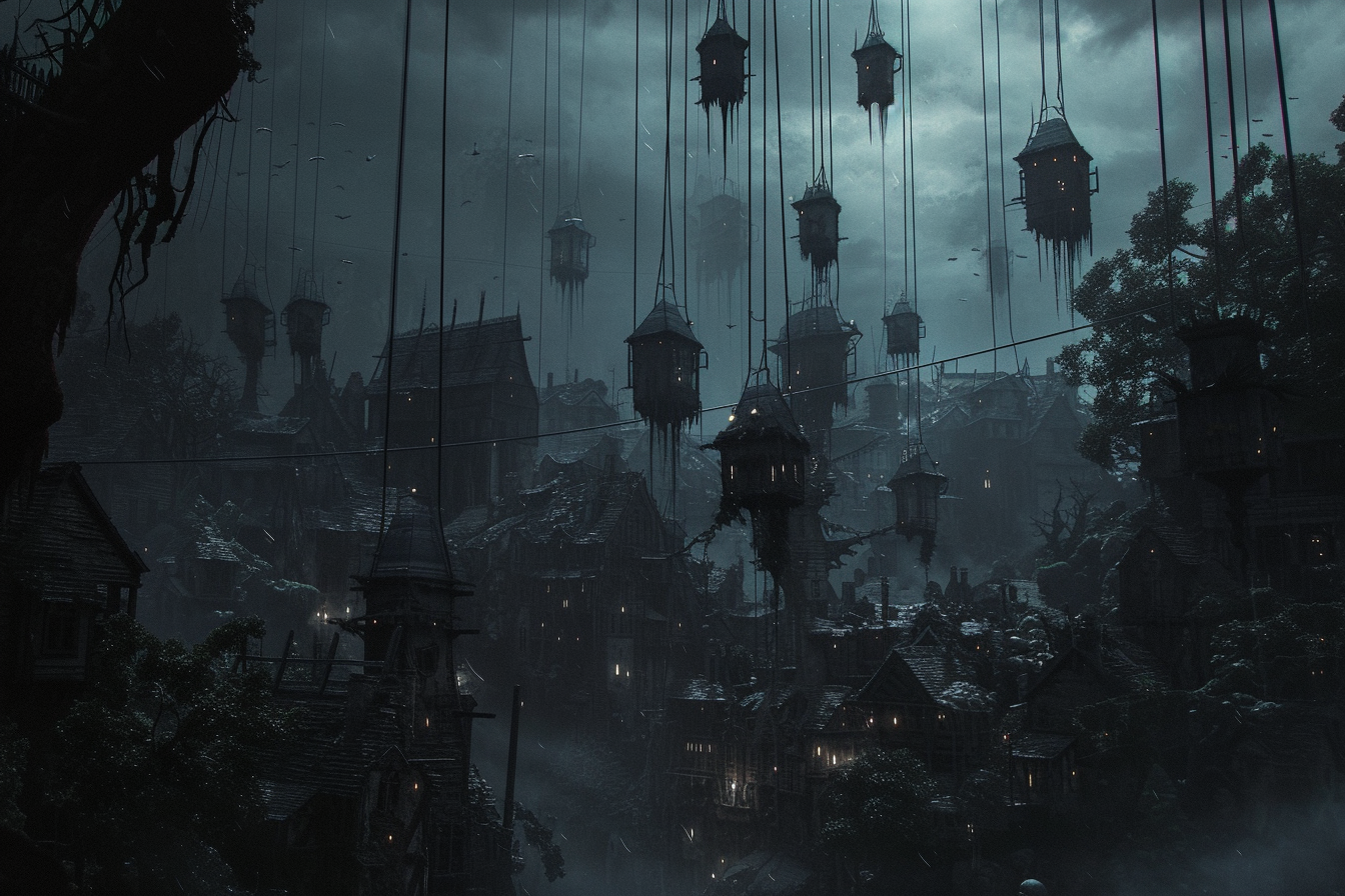 Gothic town hanging from strings in eerie forest