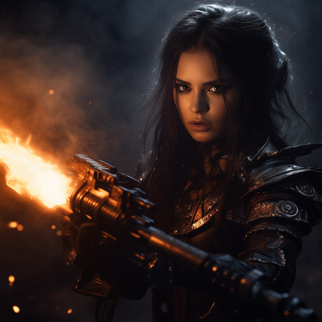 Gothic warrior women with flamethrower and alien