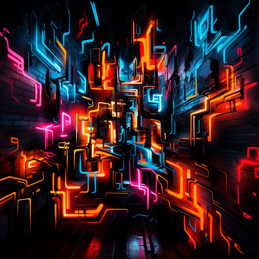 Neon graffiti in red, yellow, orange, darkness, black