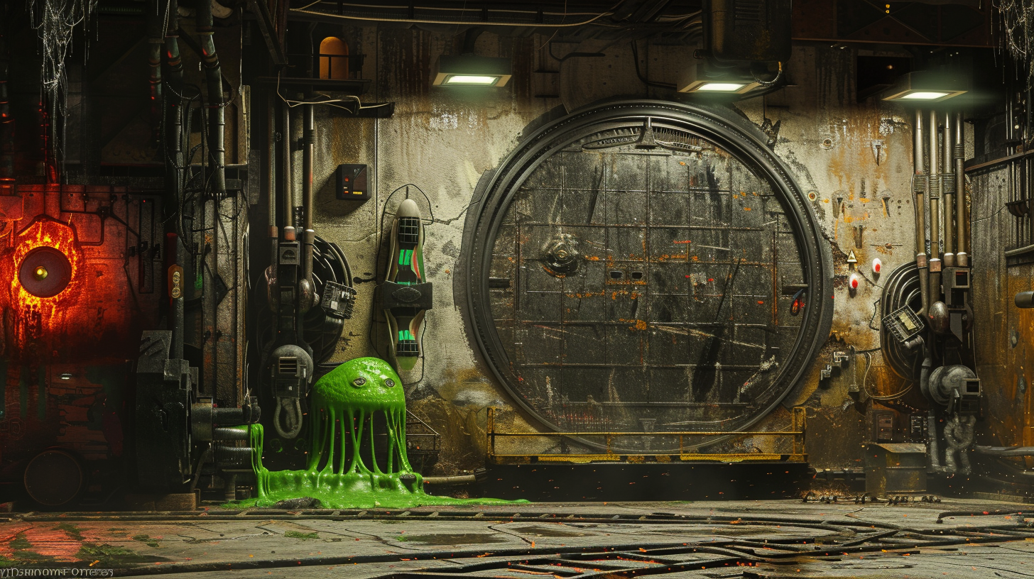 Graffiti space robots aliens green slime steel surfaces scorched space ships