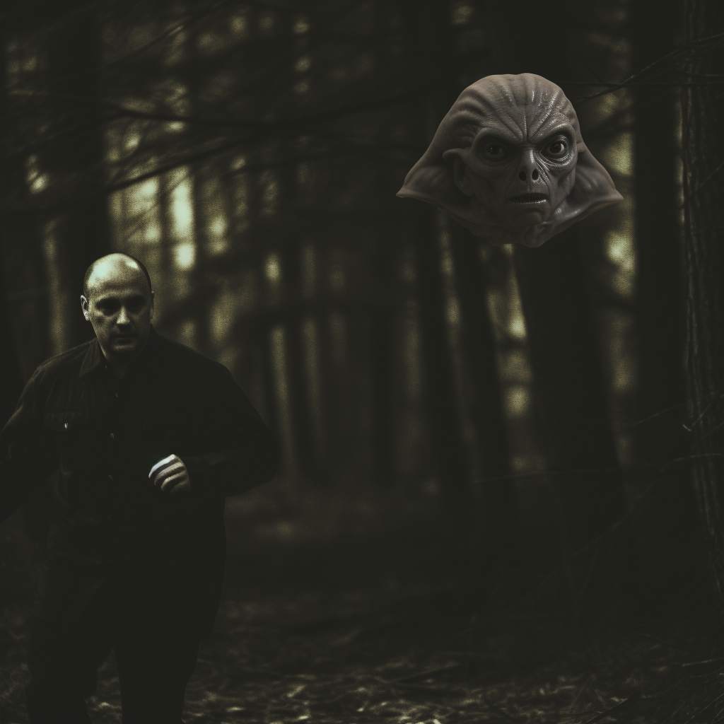 Dark forest with alien and Tony Soprano playing tag