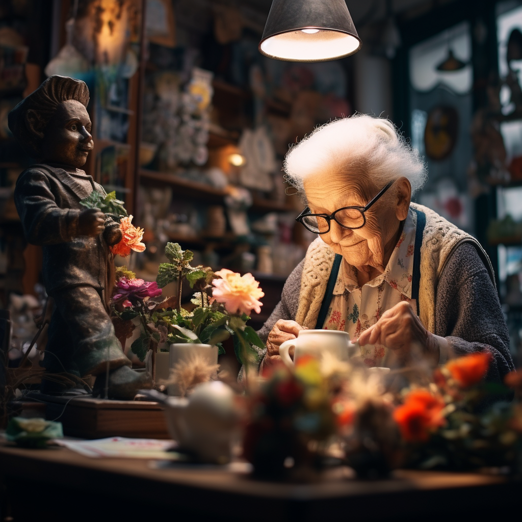 Grandmother laughing in a coffee shop surrounded by flowers