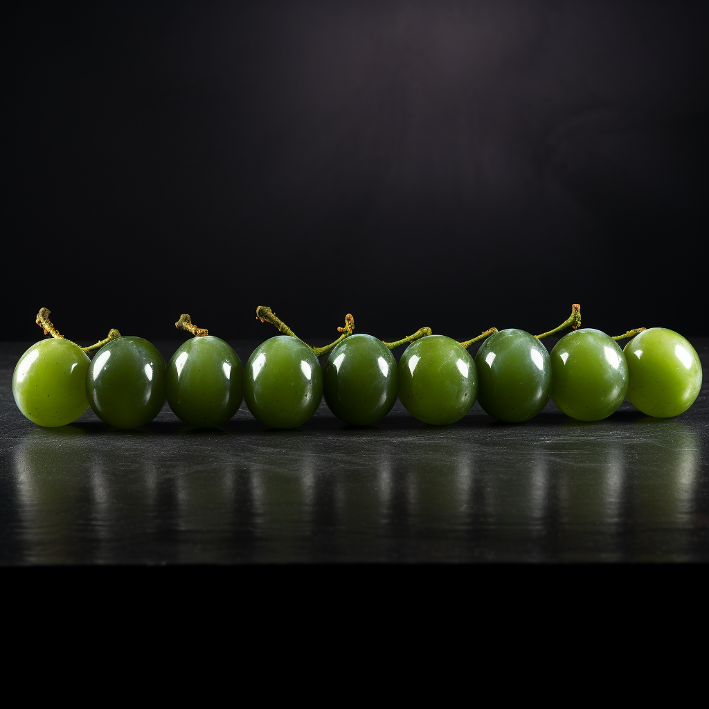 Eleven grapes and a green olive on a black table