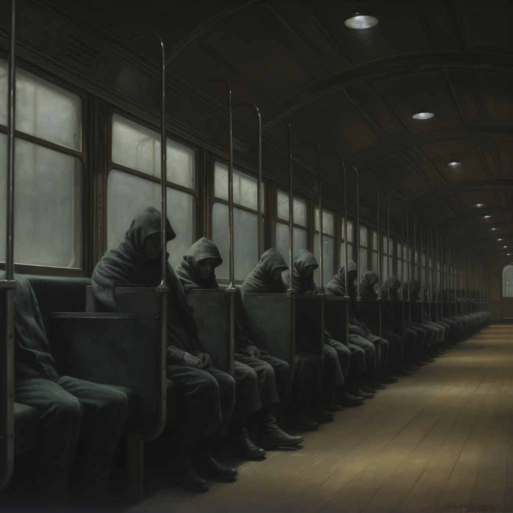 Densely seated gray figures in a midnight tram