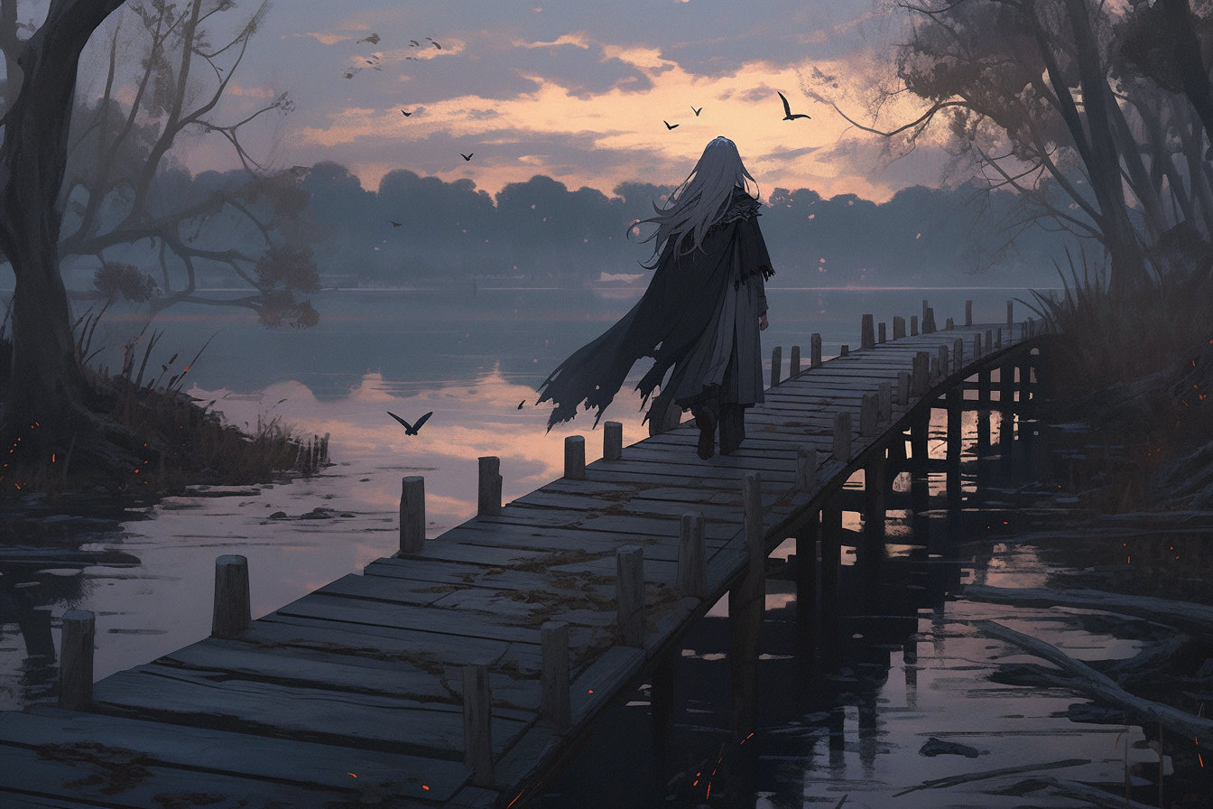 Ghostly gray-haired witch on weathered bridge