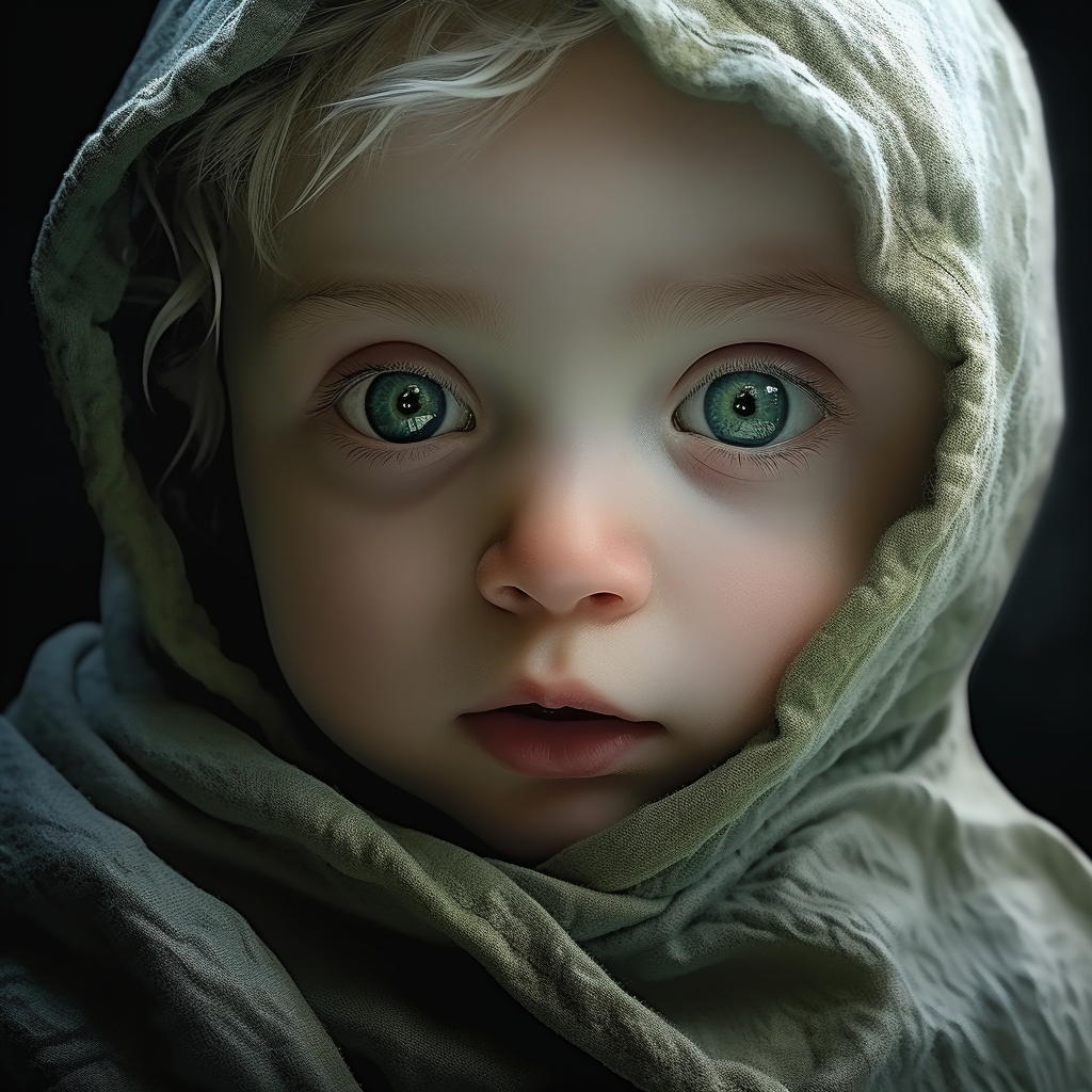 Cute baby with gray skin and mesmerizing green eyes