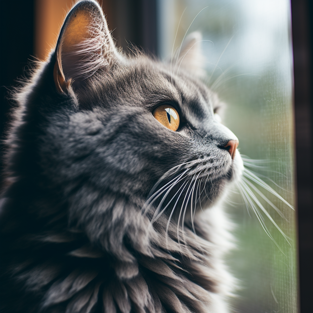 Gray cat looking out window