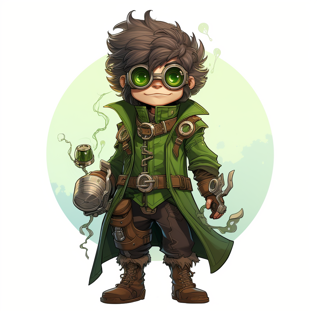 Childlike short wizard with brown beard and green steam punk goggles