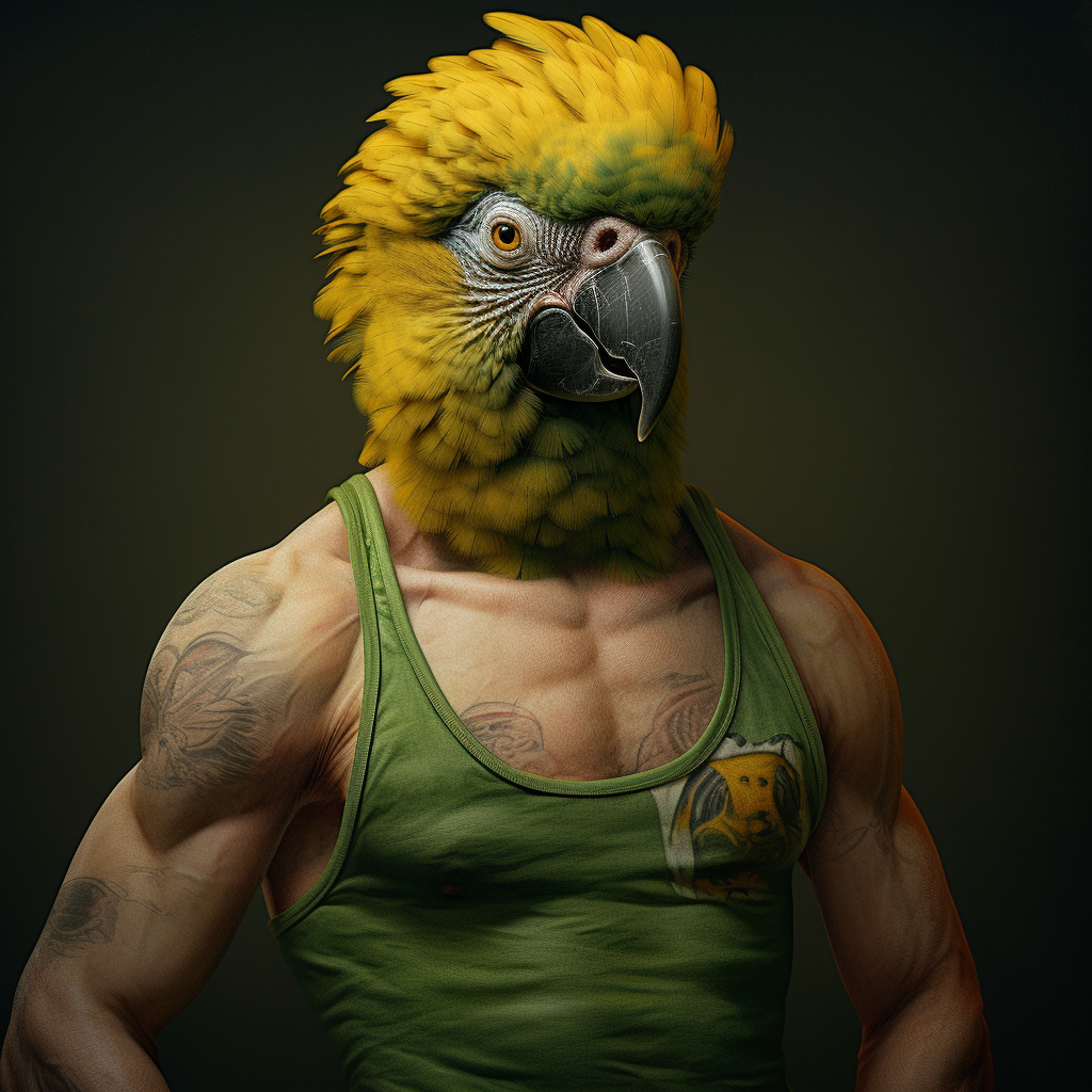 Muscular anthropomorphic parrot wearing green jumper