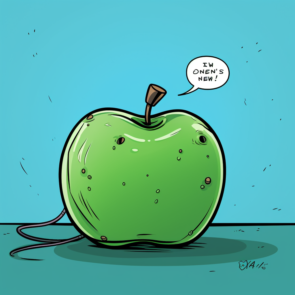 Green apple connected to USB cable with conversation bubble