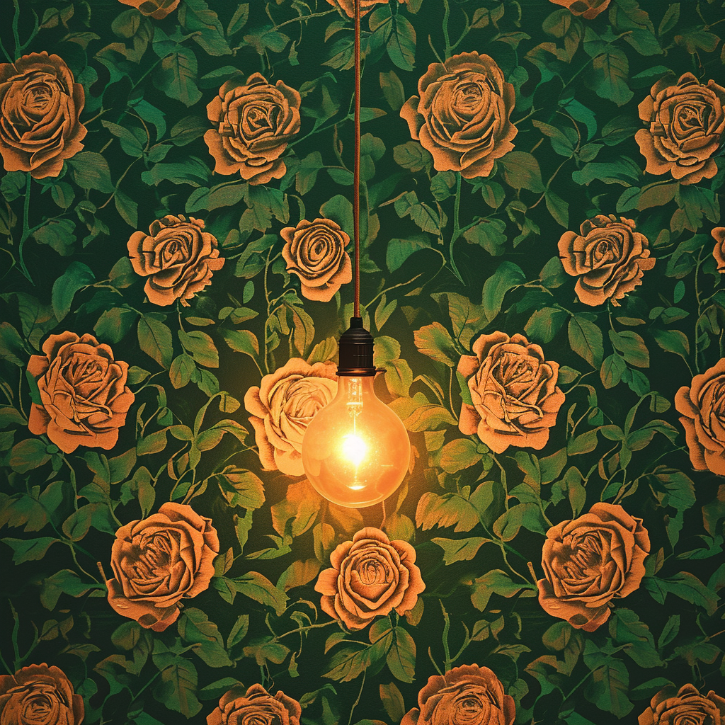 Green background with veiled rose and light bulb