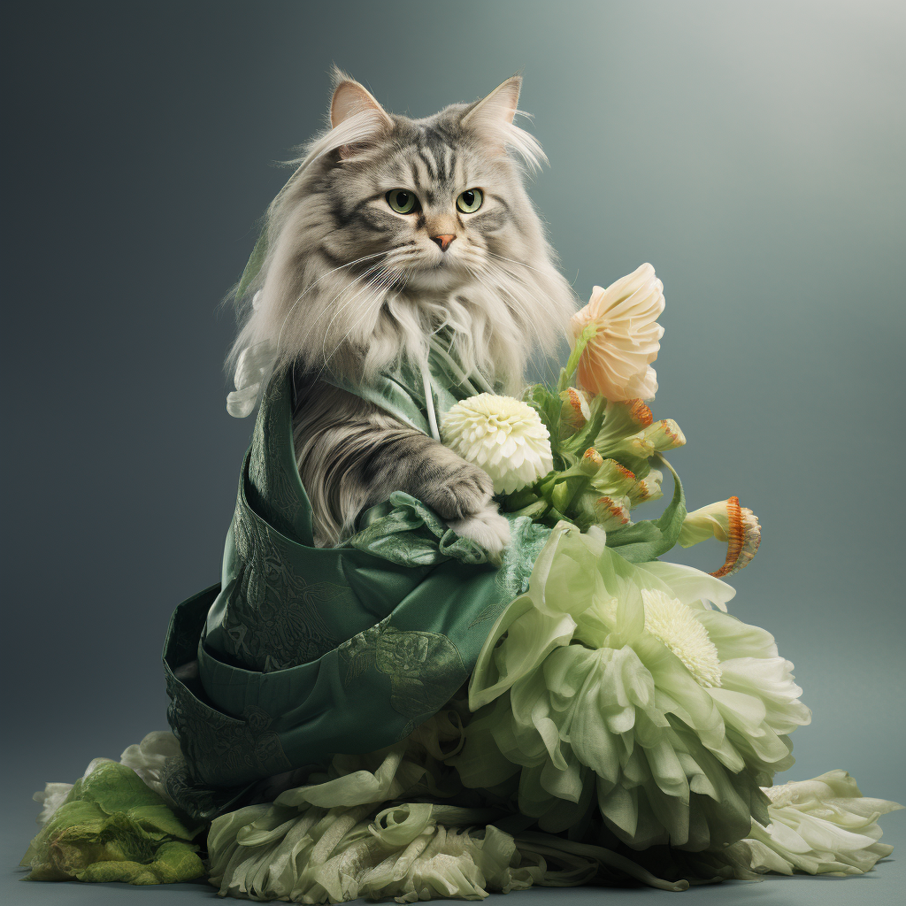 Cat in Green Chinese Costume with Vegetables