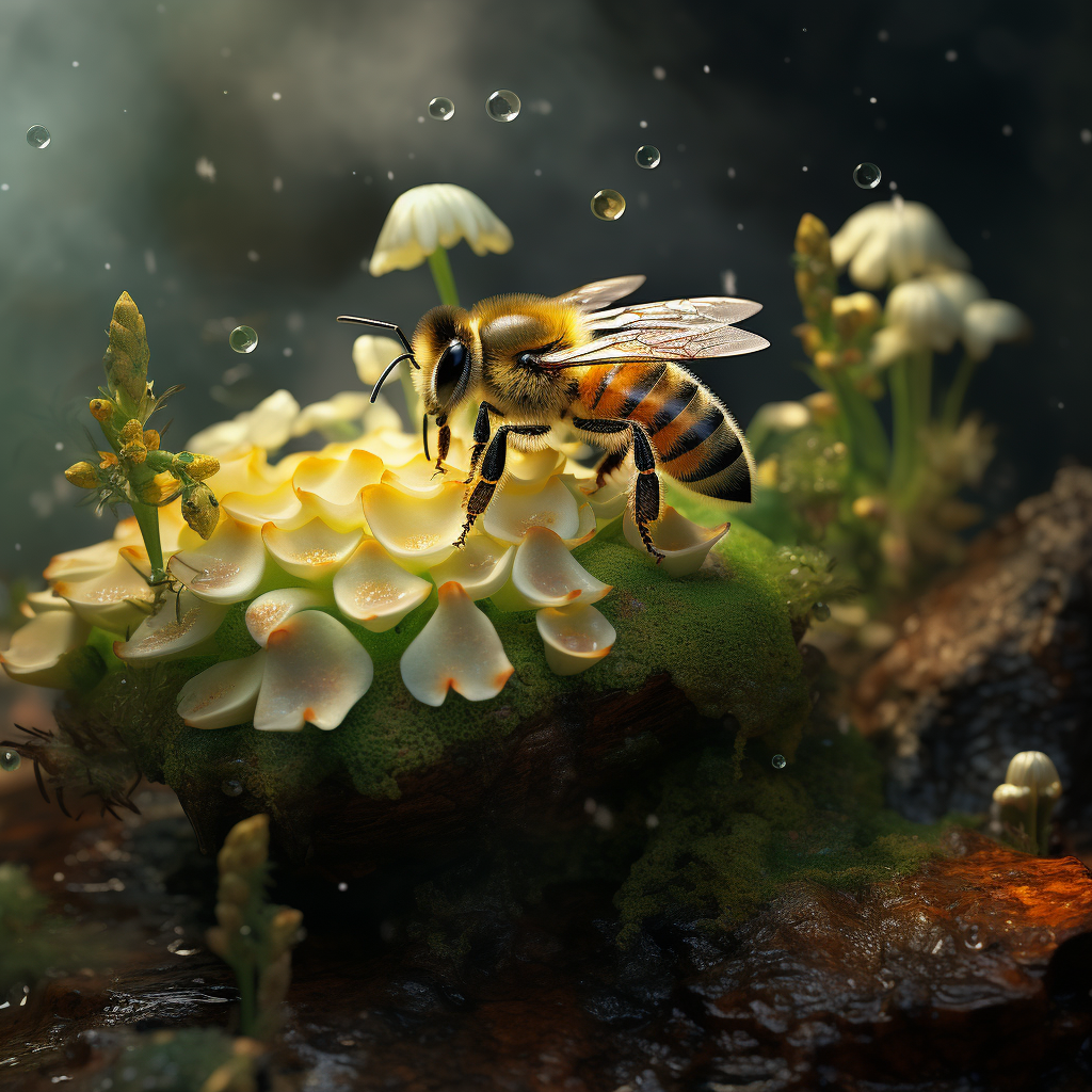 Vibrant bee pollinating emerald flower