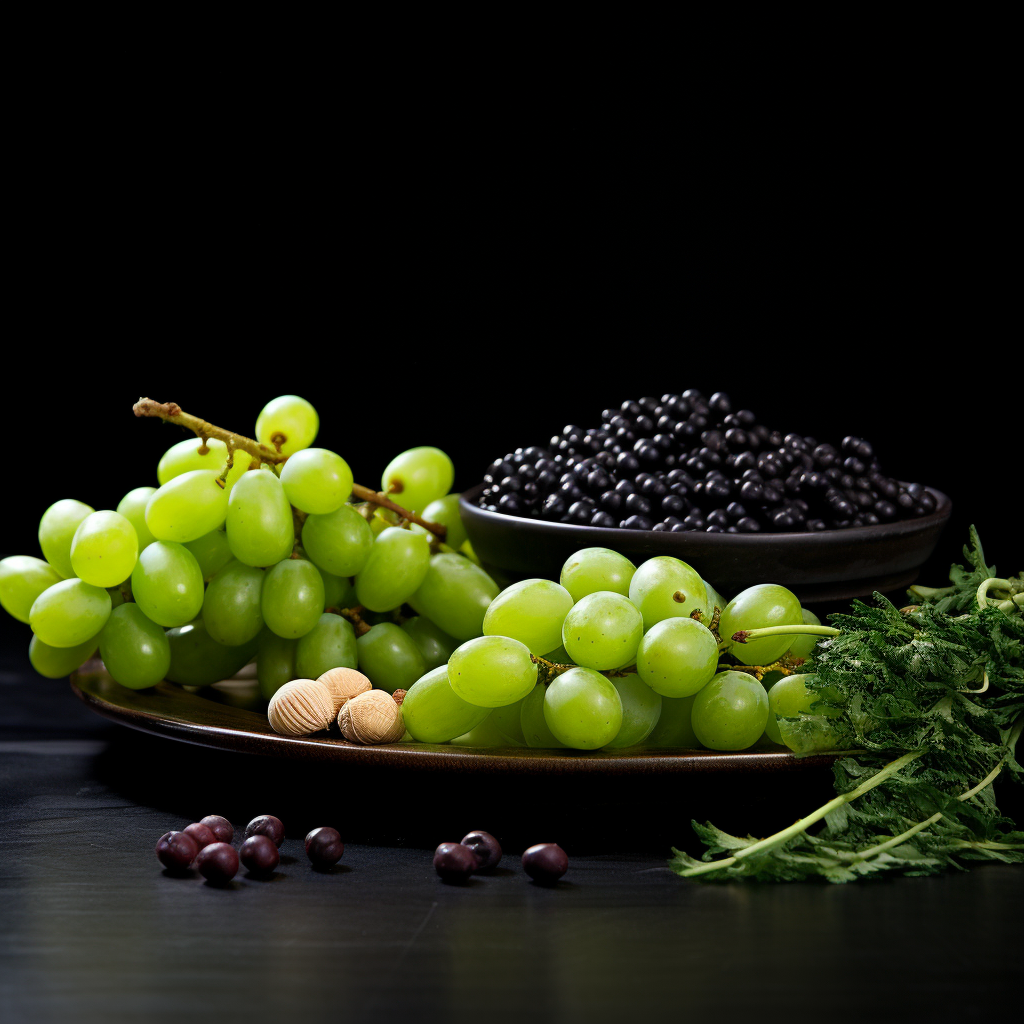 Assorted fresh green grape berries and olives