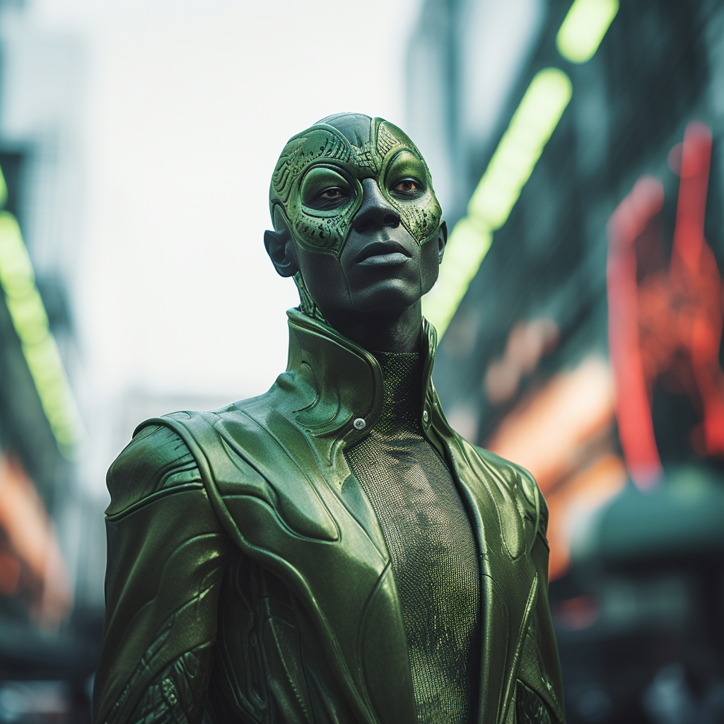 Portrait of Green Insectoid Man in Futuristic City Street