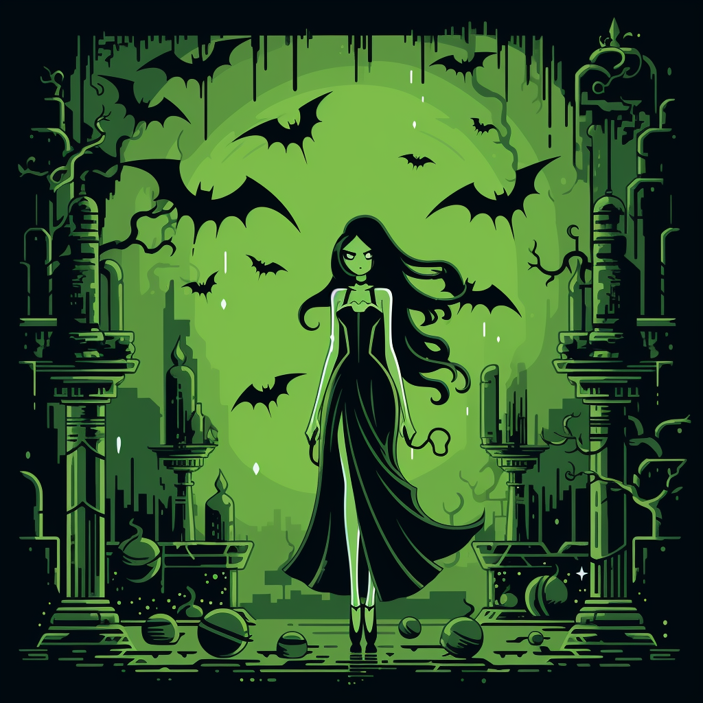 Green Monochrome Vampire Woman in Nintendo Style