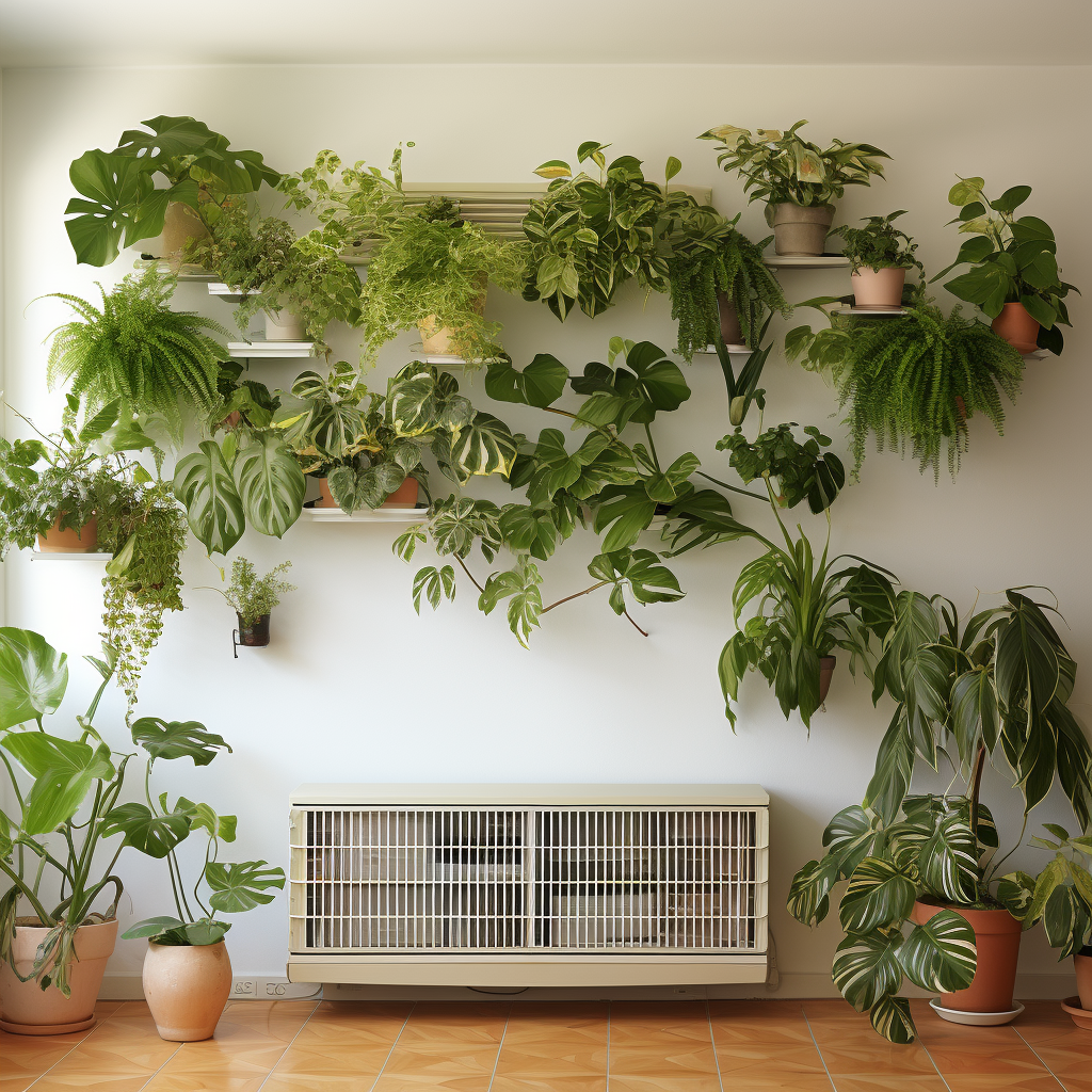 Green potted plants on beige wall