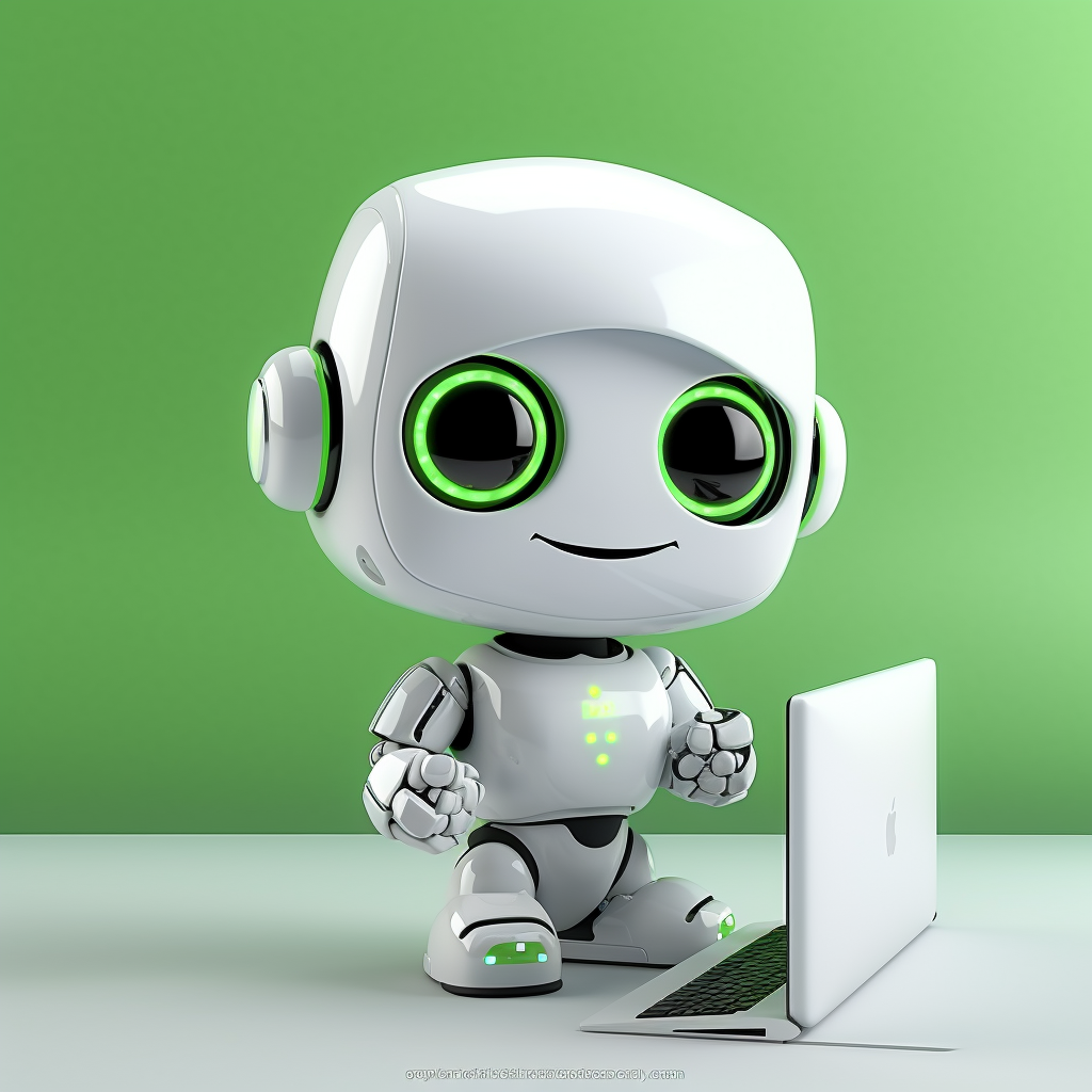 Cute green robot on 3D animation computer