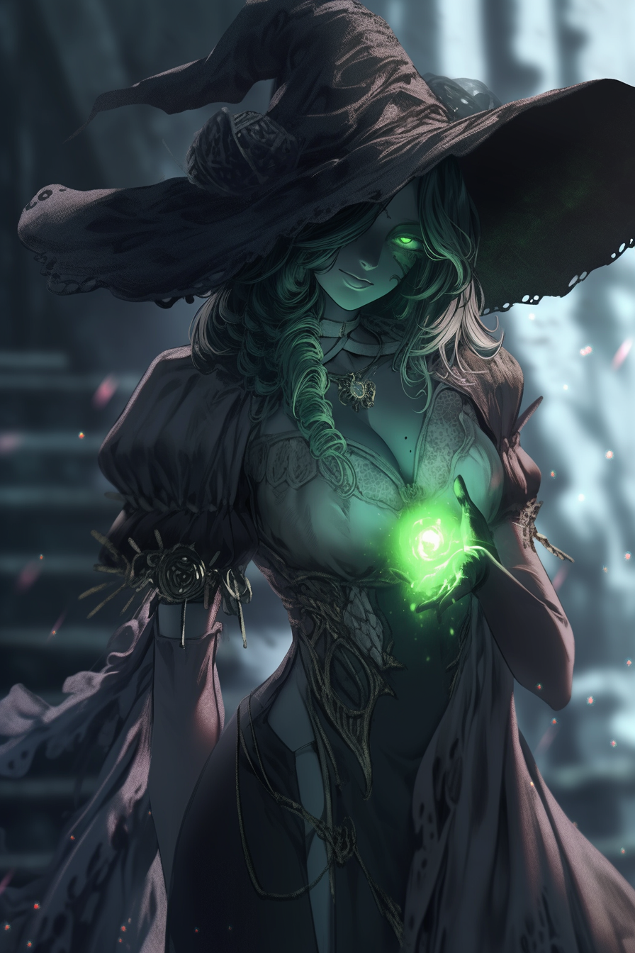 Beautiful witch with green skin and curves