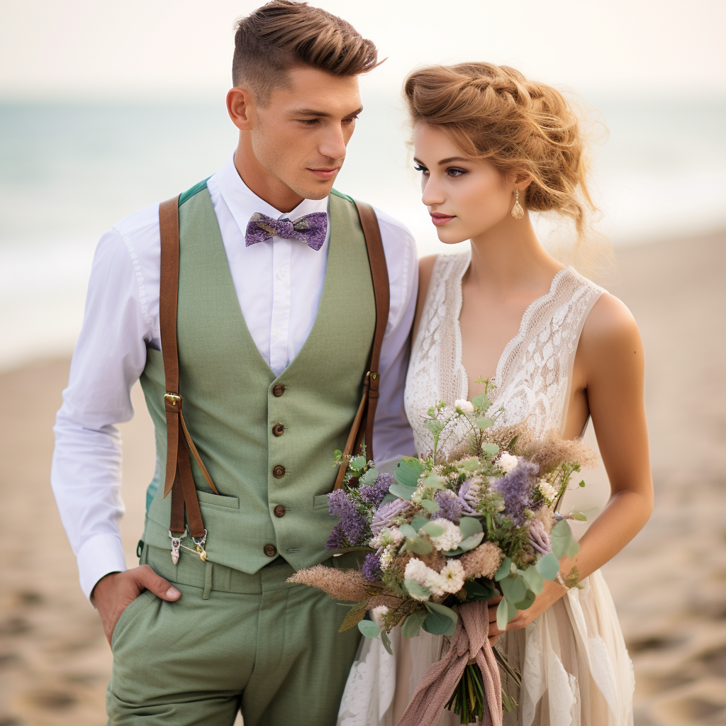 Green suit wedding on the beach