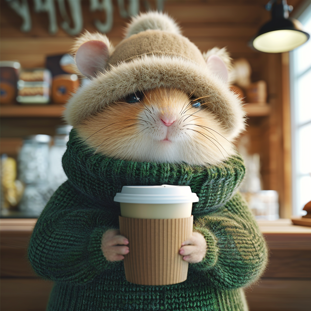 Hamster in green sweater with coffee in cafe