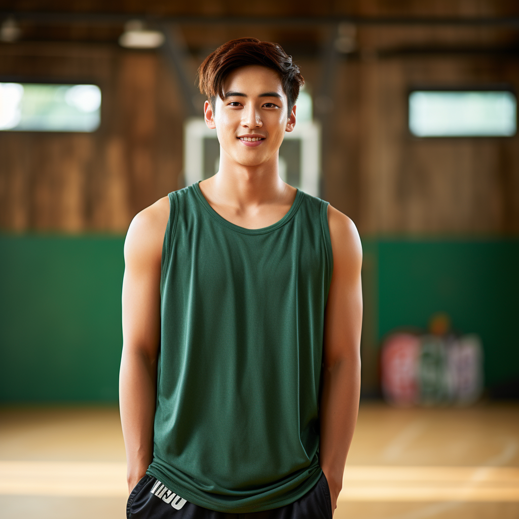 Korean Male in Green T-Shirt on Basketball Court