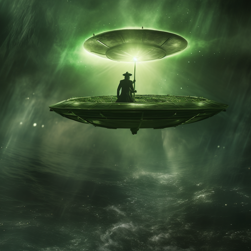 Elegant green UFO with black trench boat and silver staff