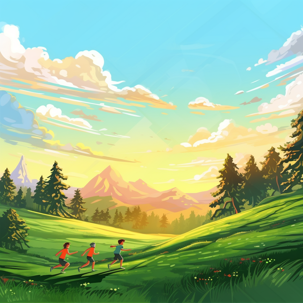 Green Forests Sunset Children Running