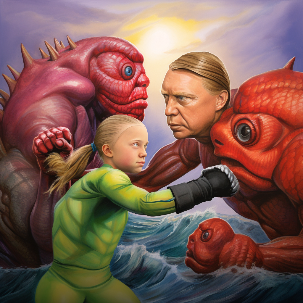 Greta Thunberg with fish hands boxing