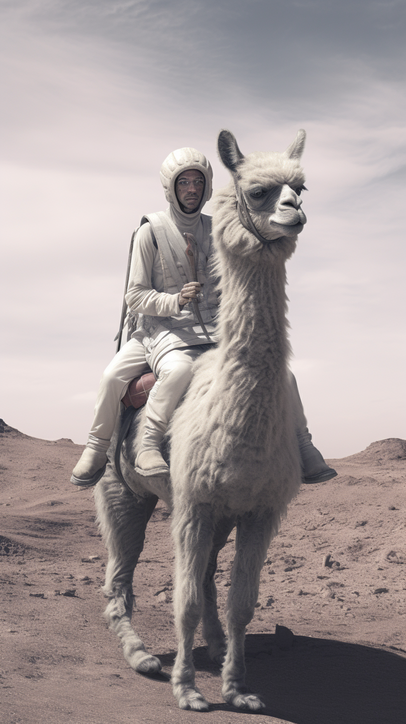 Grey alien riding llama adventure