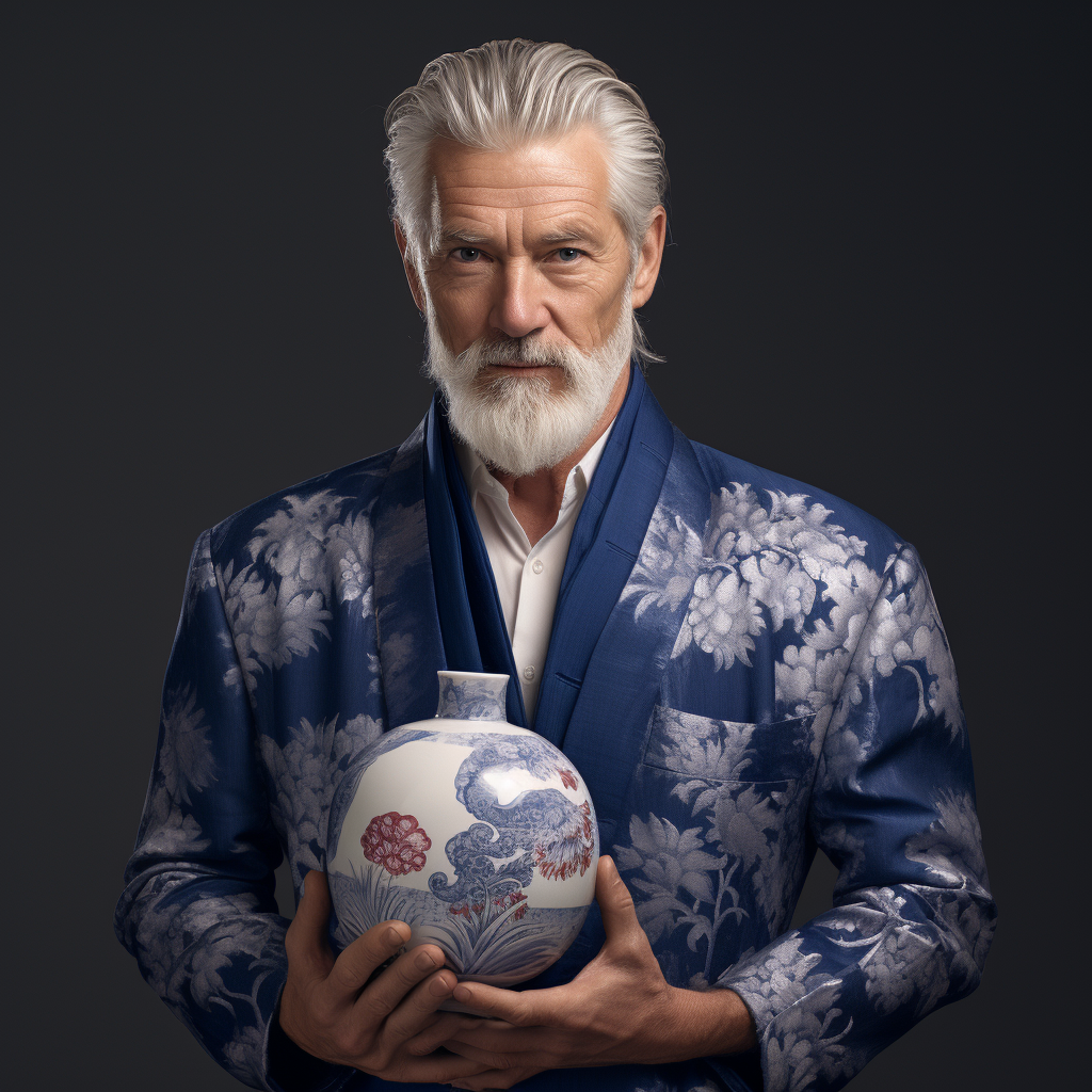 Man in smart casual wear holding a Yuan blue and white plum vase  ????