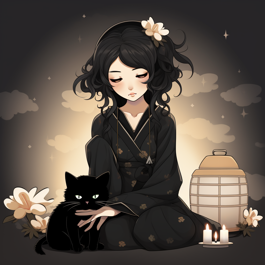 Grieving Chinese woman with her angelic black cat