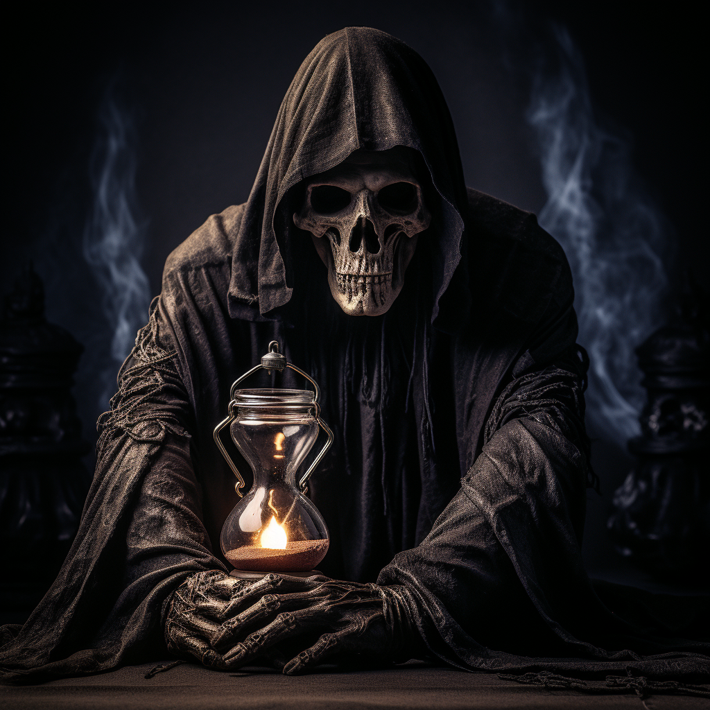 Grim reaper holding hourglass in portrait pose