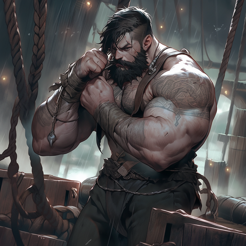 Sailor repairing deck in grimdark style