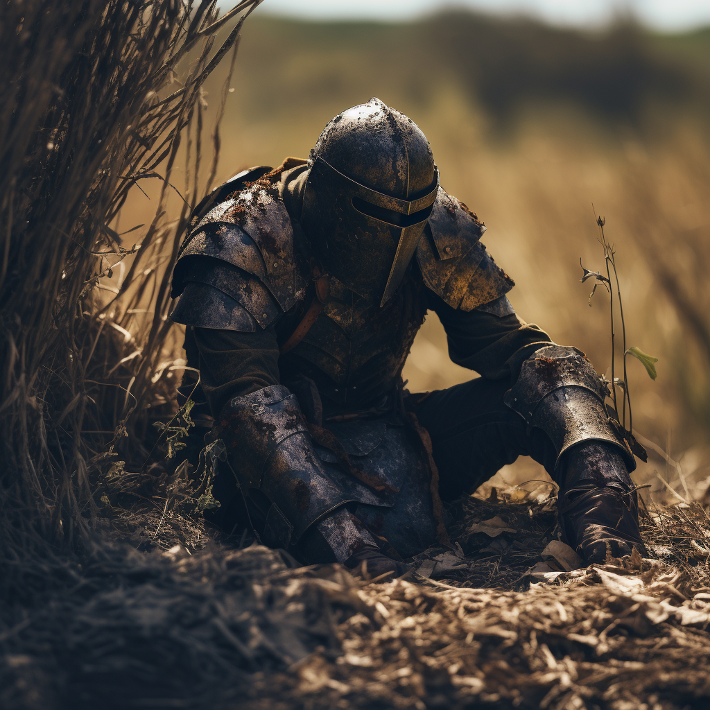 Knight hiding from battle in gritty documentary style