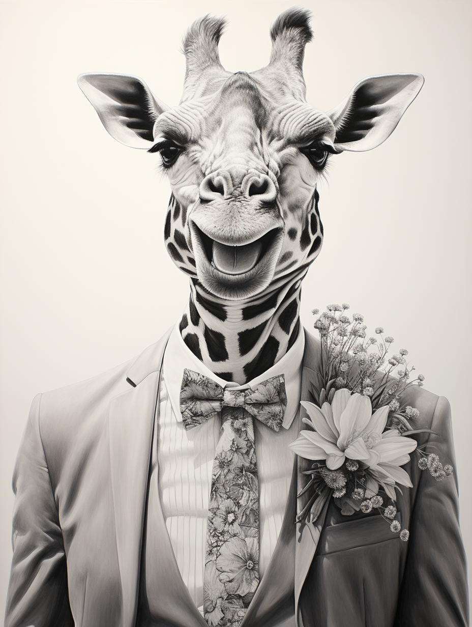 Smiling giraffe in groom's suit with sunglasses