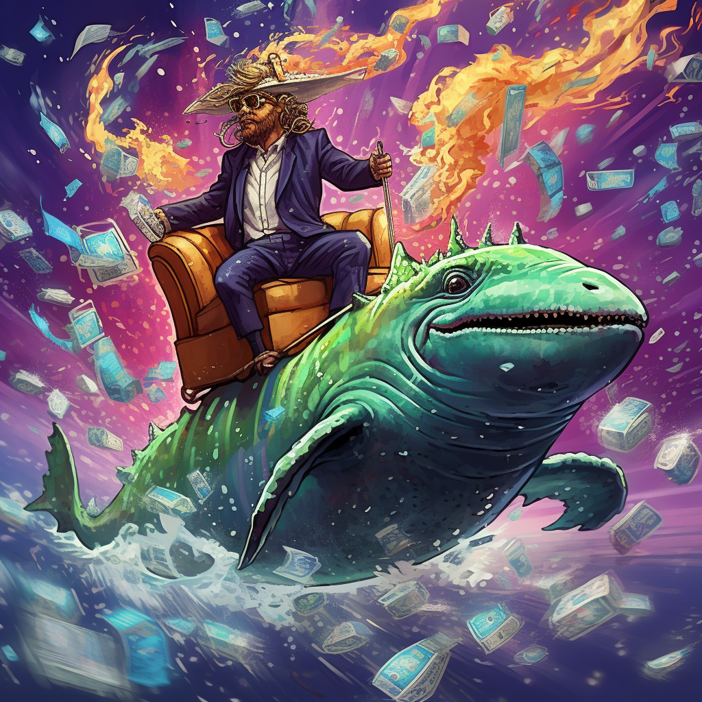 Groot riding on a colorful whale in an abstract money-filled background