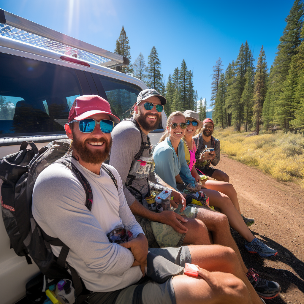 Runners sitting on tailgate of truck at trailhead