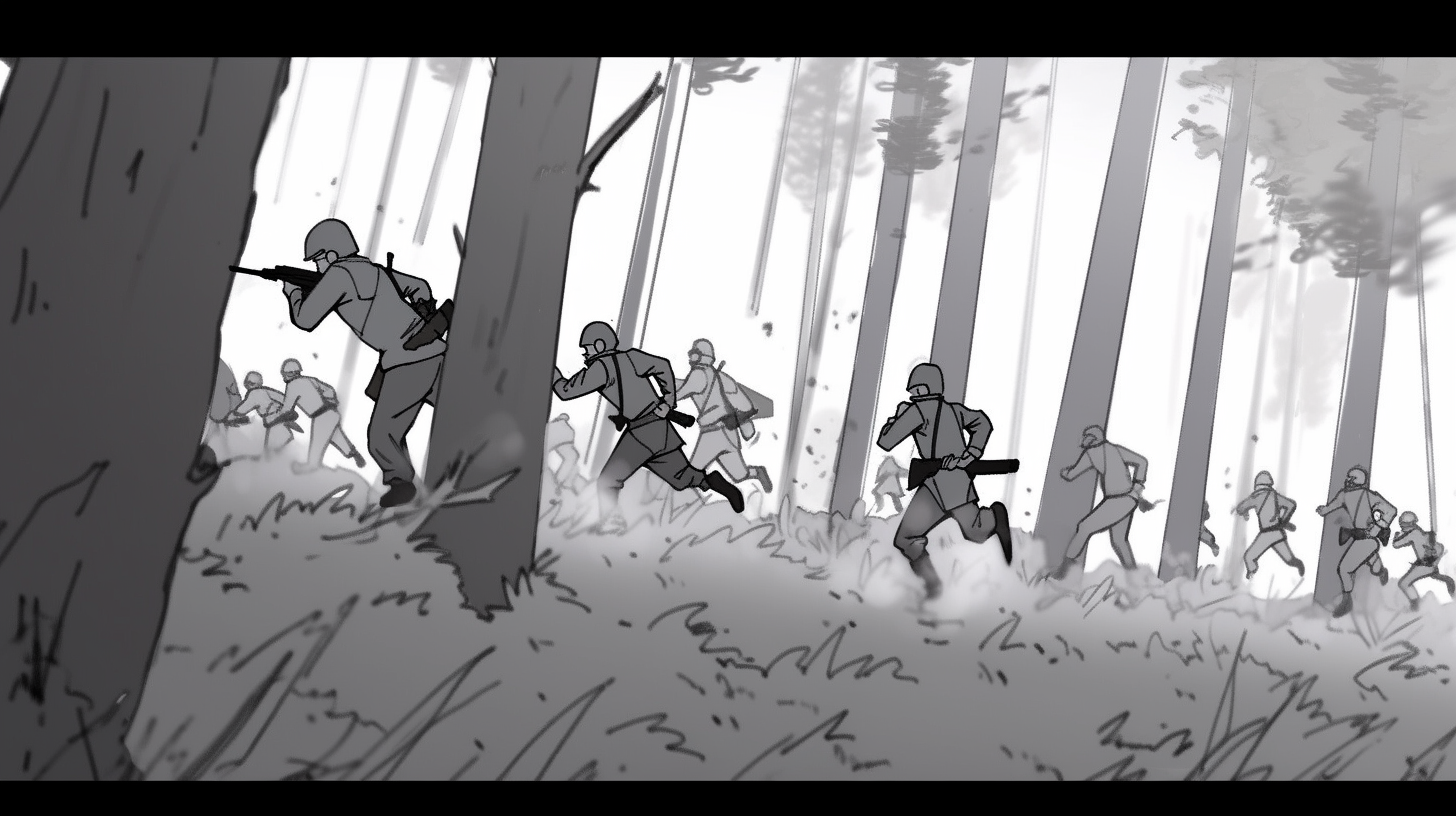 Soldiers running through forest at evening