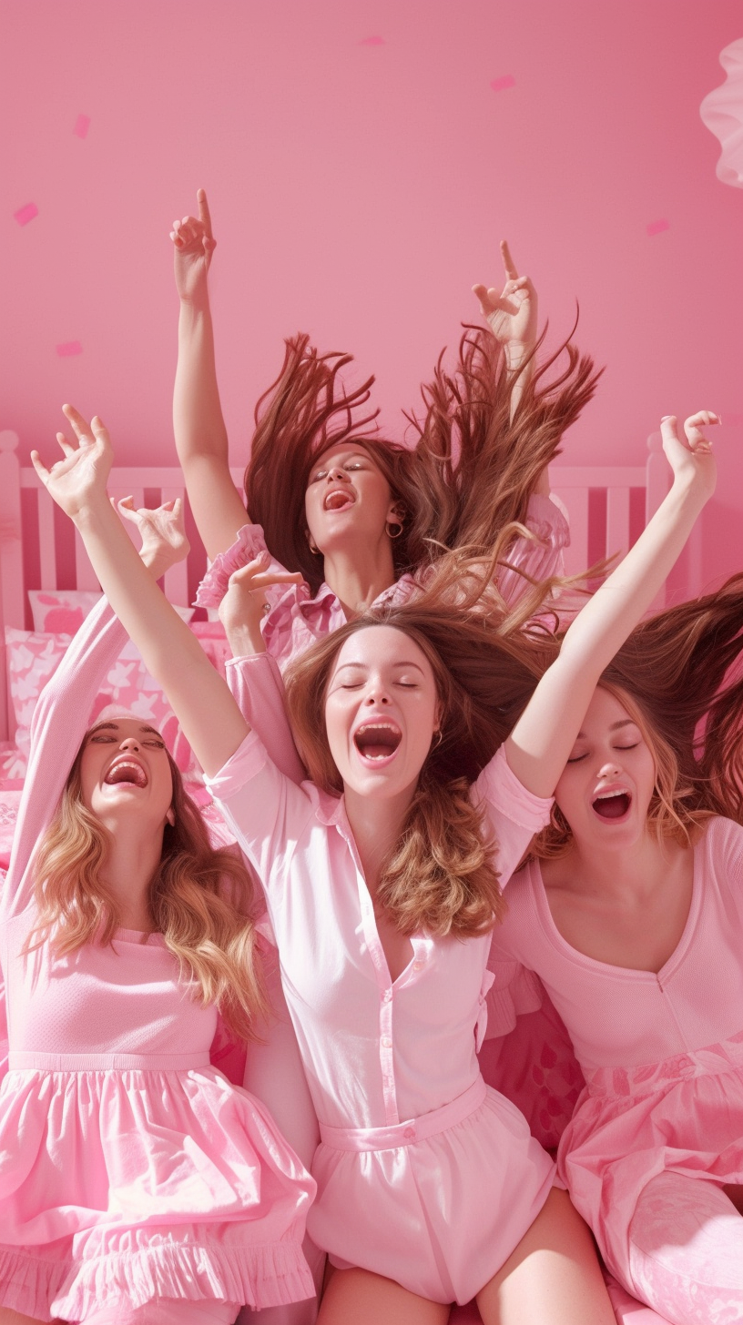 Young women dancing in pink bedroom