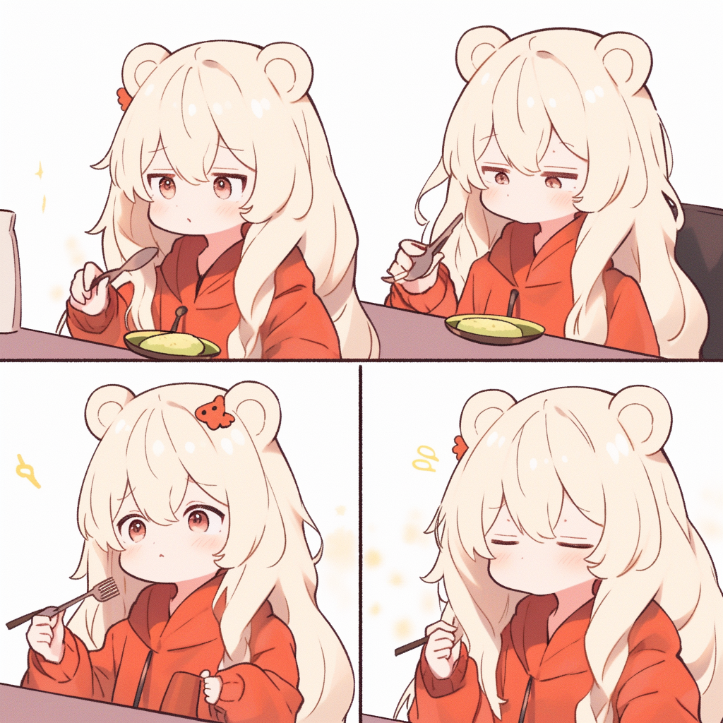 Anthropomorphic blond koala girl sitting behind a table refusing to eat cereals