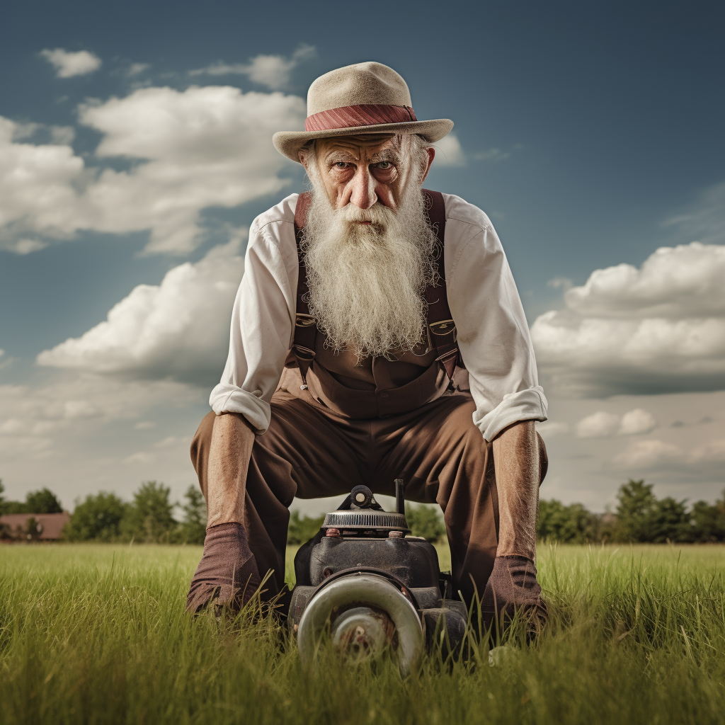Grumpy old man mowing lawn